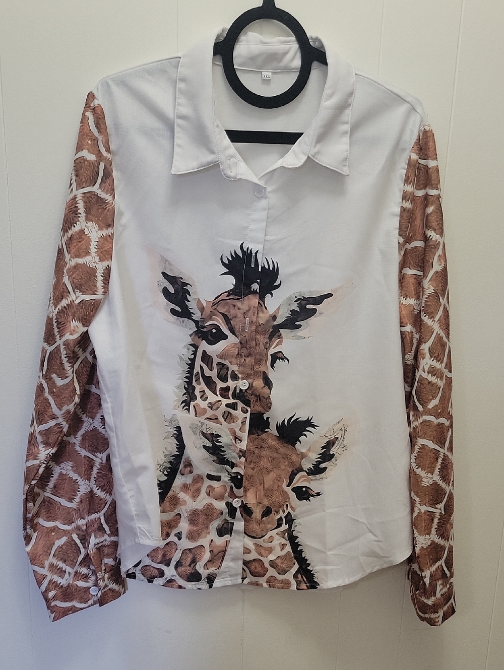 Womens Giraffe Print Button-Up Shirt - White & Brown